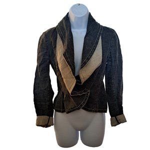 BCBGMAXAZRIA 100% LINEN moto " denim" CROP JACKET Sz S unique DESIGN RARE GEM !